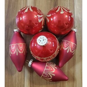 CBK Glass Red & Gold Christmas Glitter Ball Bulb & Tear Drop Ornaments 6 pc.